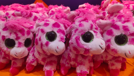 Close up of a group of sheep in pink and white color.の写真素材