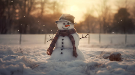 Snowman in the winter forest at sunset. Christmas and New Year concept.の素材