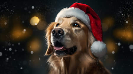 Golden retriever dog in santa claus hat on black backgroundの素材