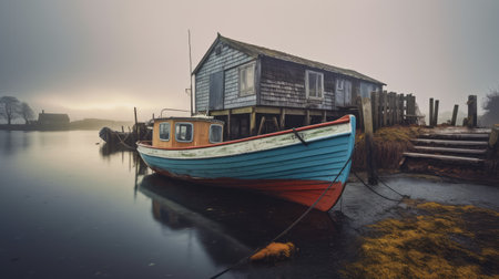 Fishing boat in the misty morning on the small fishing villageの素材