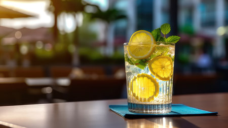 Cocktail with lemon, mint and ice on a wooden table.の素材