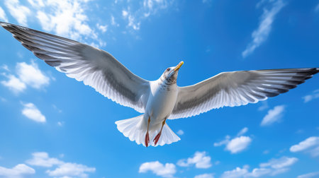 Seagull flying in the blue sky with white clouds background.の素材