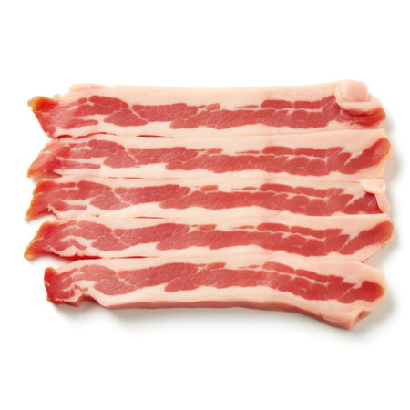 Sliced bacon isolated on white background cutout. Top view.の素材