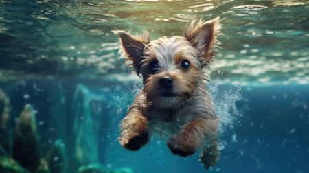 Yorkshire Terrier swims underwater in the ocean. 3d renderingの素材