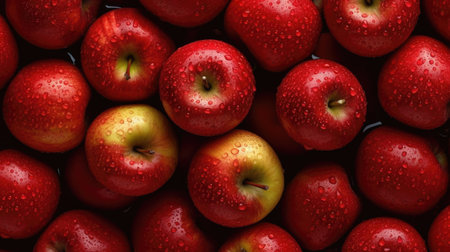 Red apples with water droplets on a dark background. Top view.の素材