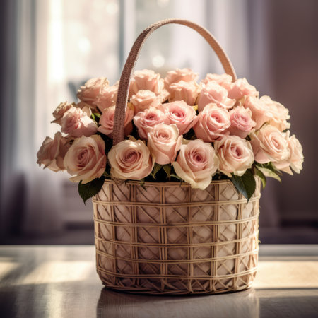 Bouquet of pink roses in a wicker basket on the tableの素材