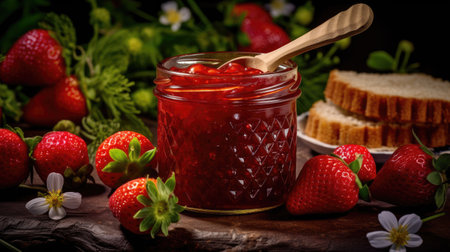 Strawberry jam in a glass jar on a wooden background.の素材