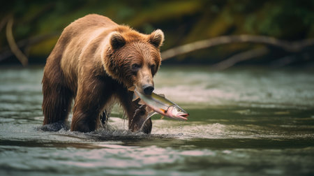 Brown bear chasing a salmon in the river. Kamchatka (Ursus arctos beringianus)の素材