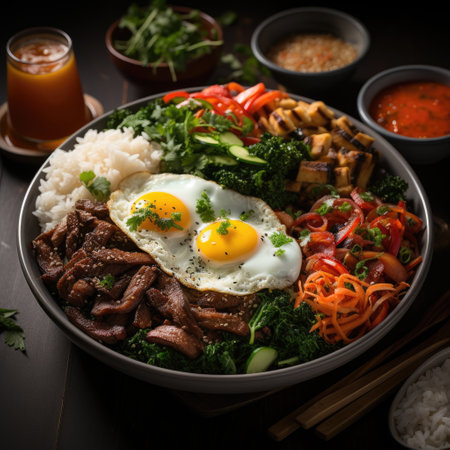 Rice bowl with beef, fried egg and vegetables on dark backgroundの素材
