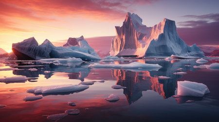 Icebergs in the ocean at sunset. 3d illustration.の素材