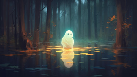ghost in the misty forest, 3d illustration, halloween conceptの素材