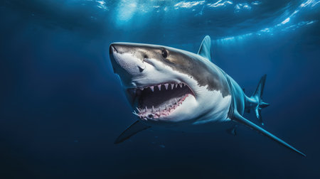 Great White Shark (Carcharodon carcharias) in blue waterの素材