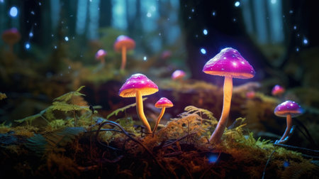 Mushrooms in the forest at night. Selective focus.の素材