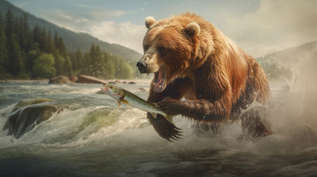 Grizzly bear catches a salmon in the river. Toned.の素材
