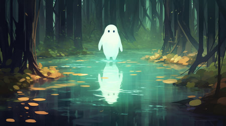 ghost in the forest with reflection in a puddle, 3d illustrationの素材