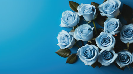 Blue roses on blue background. Top view with copy space for your text.の素材