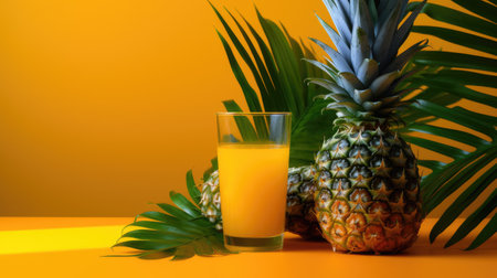 Pineapple juice in a glass with tropical leaves on orange backgroundの素材