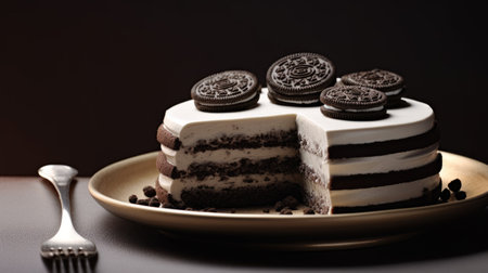 Chocolate cake with cream on a plate on a dark background.の素材