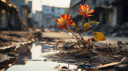 Flowers in a puddle on the street of Varanasi, Indiaの素材
