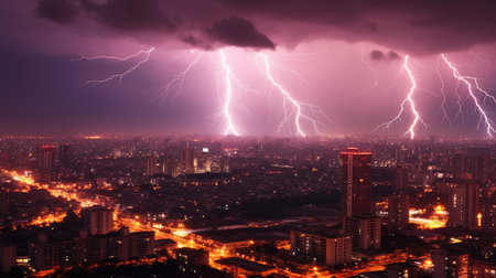 Lightning strikes over the city at night, Bangkok, Thailand.の素材
