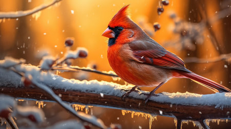 Male Northern Cardinal (cardinalis cardinalis) on a branch in winterの素材