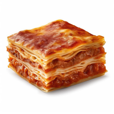 Stack of lasagna bolognese isolated on white background.の素材