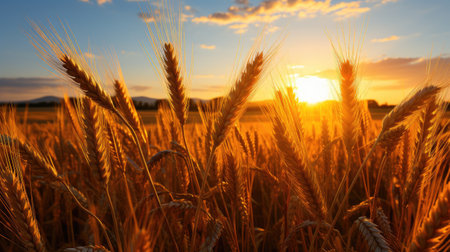 Sunset or sunrise in a field with ears of golden wheat.の素材