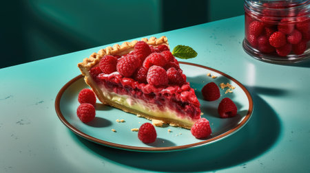 Piece of raspberry pie on a plate with fresh raspberriesの素材