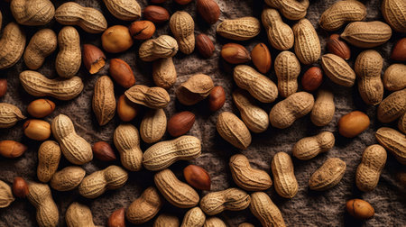 Peanuts and hazelnuts on a dark background. Top view.の素材