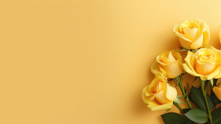 Yellow roses on yellow background. Flat lay, top view, copy spaceの素材