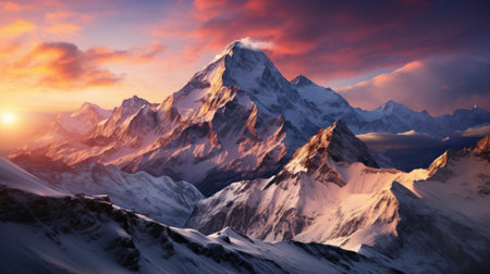 Panorama of Himalaya mountain range at sunset, Annapurna Conservation Area, Nepalの素材