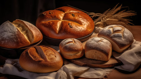 Freshly baked buns with raisins on a wooden boardの素材