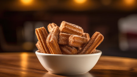 Churros in a white bowl on a wooden table in a restaurantの素材