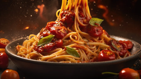 Spaghetti with tomato sauce and basil in a black plate on a dark backgroundの素材