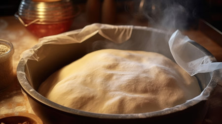 Preparation of dough for baking bread in the kitchen, close-upの素材