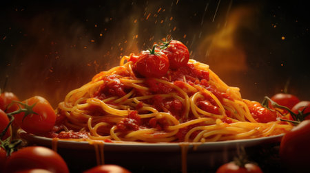 Spaghetti bolognese with tomato sauce on a black backgroundの素材
