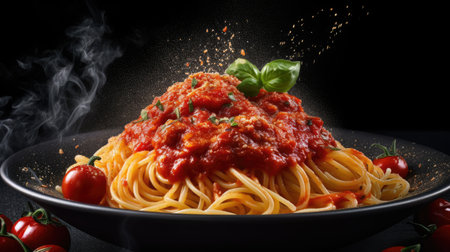 Spaghetti bolognese with tomato sauce and basil on black backgroundの素材