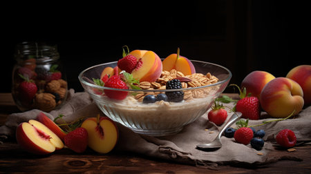 Oatmeal with fresh berries and nuts in glass bowl on wooden tableの素材