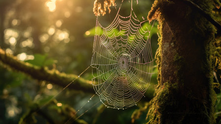 Spider web with dew drops in the rainforest. Nature backgroundの素材