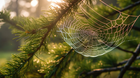 Spider web on a spruce branch in the forest at sunrise.の素材