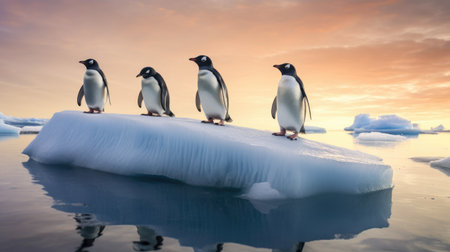 penguins on the ice floe at sunset, 3d renderの素材