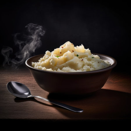 Mashed potatoes in a ceramic bowl on a dark background. Toned.の素材