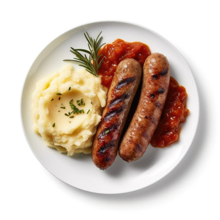 Grilled sausages with mashed potatoes on plate, top viewの素材