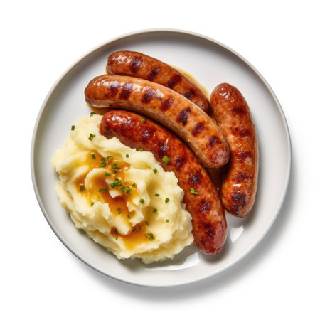 Plate with tasty sausages and mashed potatoes on white backgroundの素材