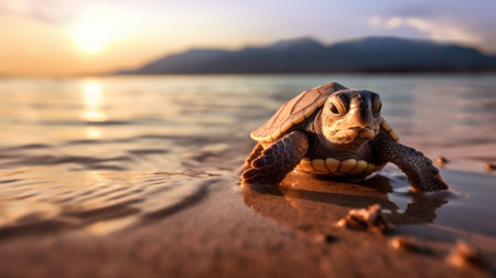 Sea turtle on the seashore at sunset. The concept of travel and tourismの素材