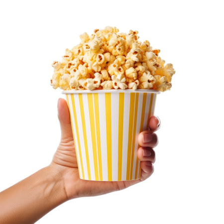 Hand holding box with tasty popcorn on white background, closeup. Cinema snackの素材