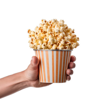 Popcorn in paper cup in hand isolated on a white background.の素材