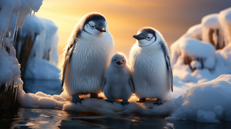 Penguin family standing on ice floe at sunset. 3D illustrationの素材