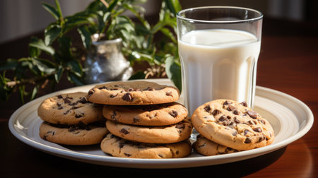 Chocolate chip cookies and a glass of milk on a wooden tableの素材
