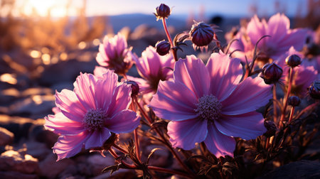 Pink cosmos flowers in the field at sunset. Beautiful nature background.の素材